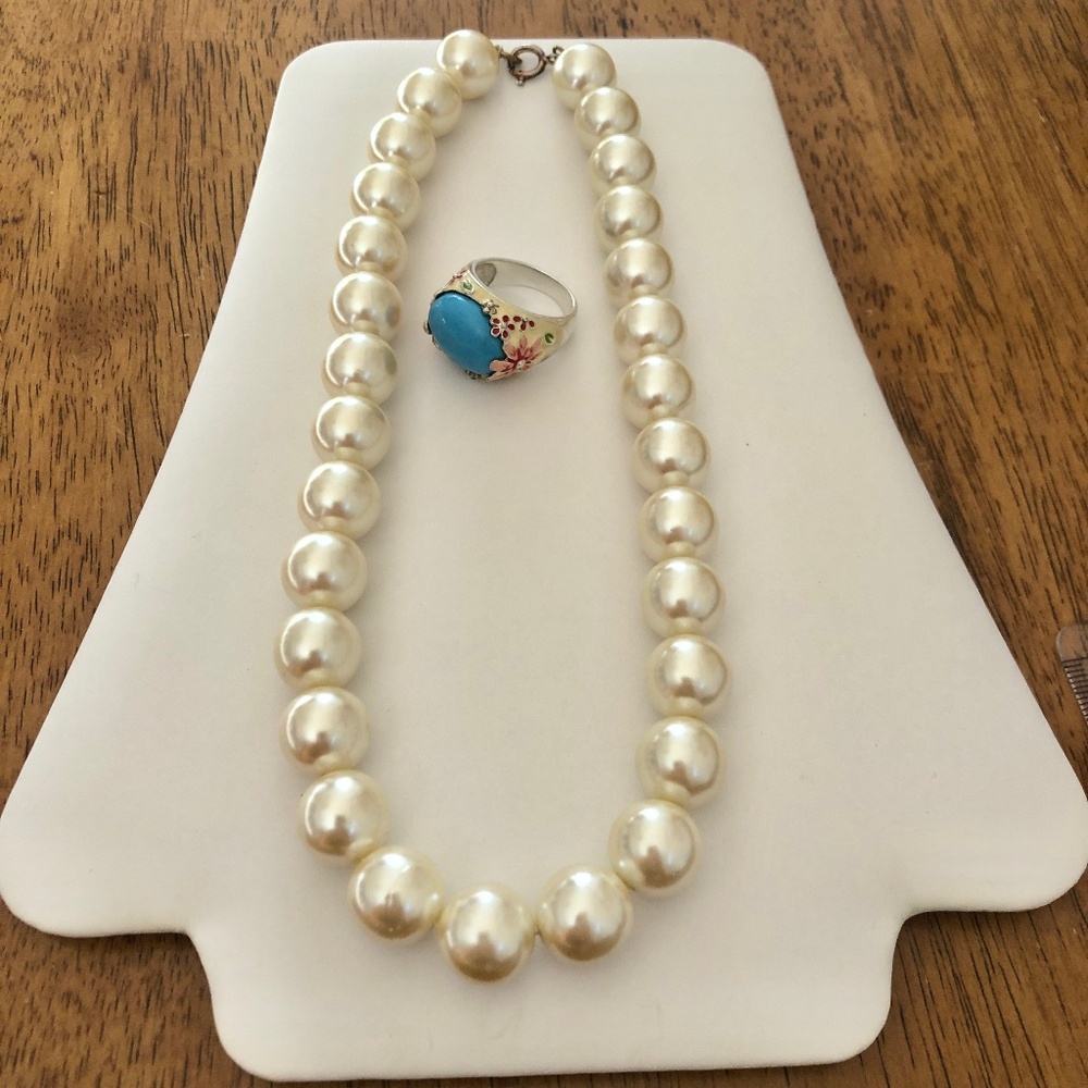 Pearl Necklace and Turquoise Cocktail Ring